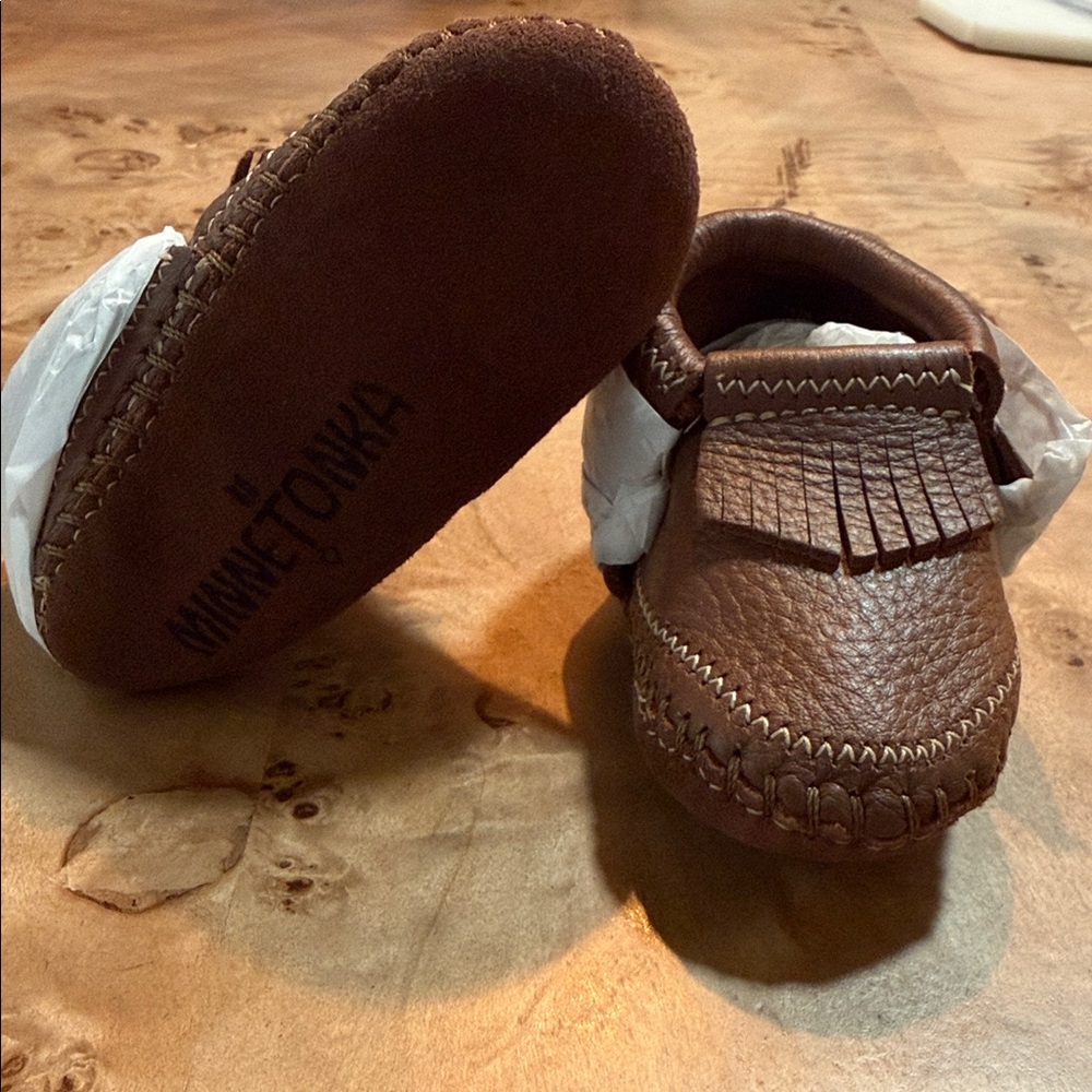 Minnetonka Tan Kids Moccasins with Tassel